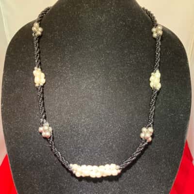  Women's Black Bead and Faux Pearl Necklace 