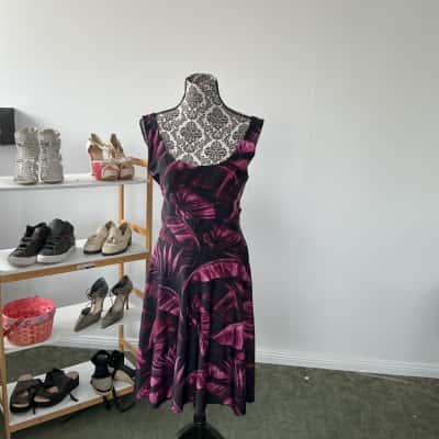 Womens Casual Midi Black & Purple Floral Dress Size 17