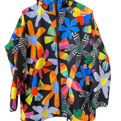 Gorman Hooded Rain Jacket Black With Multicoloured Flowers Size 10