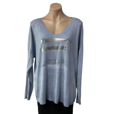 Donna Donna Womens One Size Pale Blue /  Silver Pattern V-Neck Jumper 
