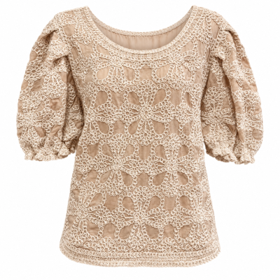 Solitaire Beige Floral Crochet Embroidered Puff Sleeve Top – Size S