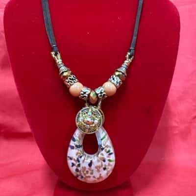Statement Drop Necklace Featuring A Multi-Coloured Mosaic Resin Pendant With Gold Tone Hardware