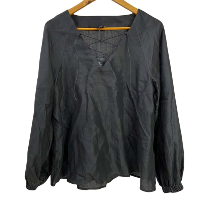 Brand New - Country Road - Womens 100% Ramie Lace Front Blouse - Size 10 - Charcoal (RRP $139)