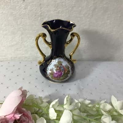 Limoges Cobalt Blue / Courting Couple Double Handle Porcelain Fluted Rim Vase