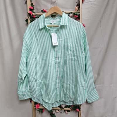 Seed Heritage Green Pinstripe Linen Shirt Size 14 RRP $129.95