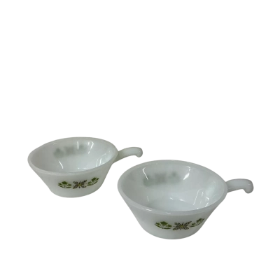 Vintage Anchor Hocking Fire King 2 x White / Green Floral Milk Glass Soup Bowls with Handle
