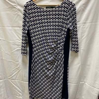 Ralph Lauren Womens  Size 16 Midi Dress Navy Blue / Pattern / White 