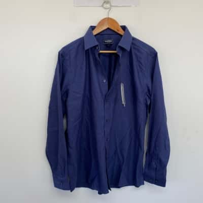 Gazman Navy Blue Non Iron Dobby Plain Long Sleeve SHirt  Size L 