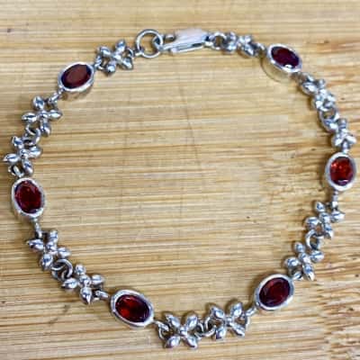 Silver/Red Diamante Flower Bracelet (Clasp Stamped 925)