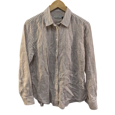 BNWT Sportscraft Womens Size 10 Stripe Linen Shirt Tan/White RRP $139.99