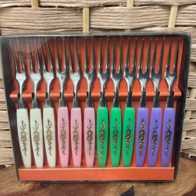 Vintage Little Fork Boxed 12 Little Party Forks Stainless Steel Multicoloured Wedding Party Birthday Collectable 1970