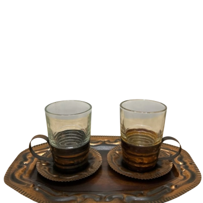 Vintage Pressed Copper and Glass Cup Set with Saucers and Tray