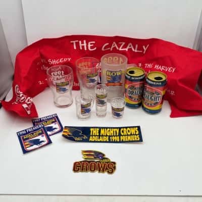 Vintage AFL Adelaide Crows Football Club 1997 & 1998 Beer Mug, Beer Glasses, Shot Glasses Stickers and Beer Cans, plus 1999 AFL Grand Final Scarf 