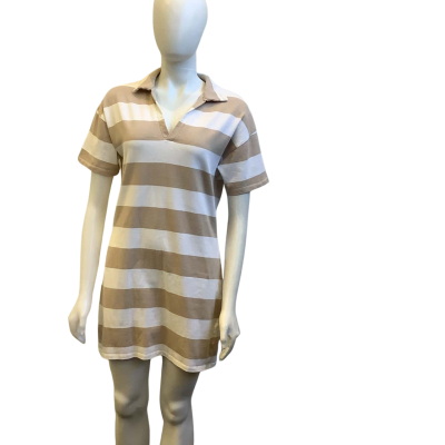 Seed Heritage Womens Size S Striped Shirt Collar Tee Dress White / Mocha