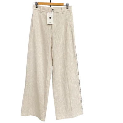 Liora Women's Wide-Leg Pants with Dark Brown Zigzag Stitching on Side Seams Size 8 Cream 