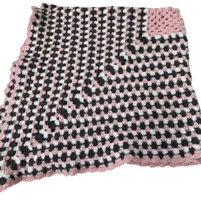 Hand Crocheted Acrylic Throw rug in grey, pink and white.