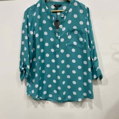 Debenhams Womens  Size 14 Blouse Polka Dot / Turquoise / White 