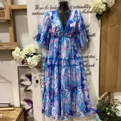 Jar of hearts Brand! BNWT THE COSMIC BLUE PANDORA MAXI DRESS! STUNNING BALLOON PUFF SLEEVE ACCENTS Womens  Size L Floral Dress / Maxi Dress / Short Sleeve Dress  Blue / Floral / Pattern 