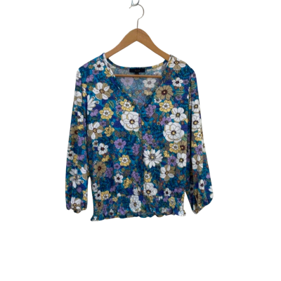 Eclair Womens  Size L Blue Floral Long Sleeve Button Up Shirt