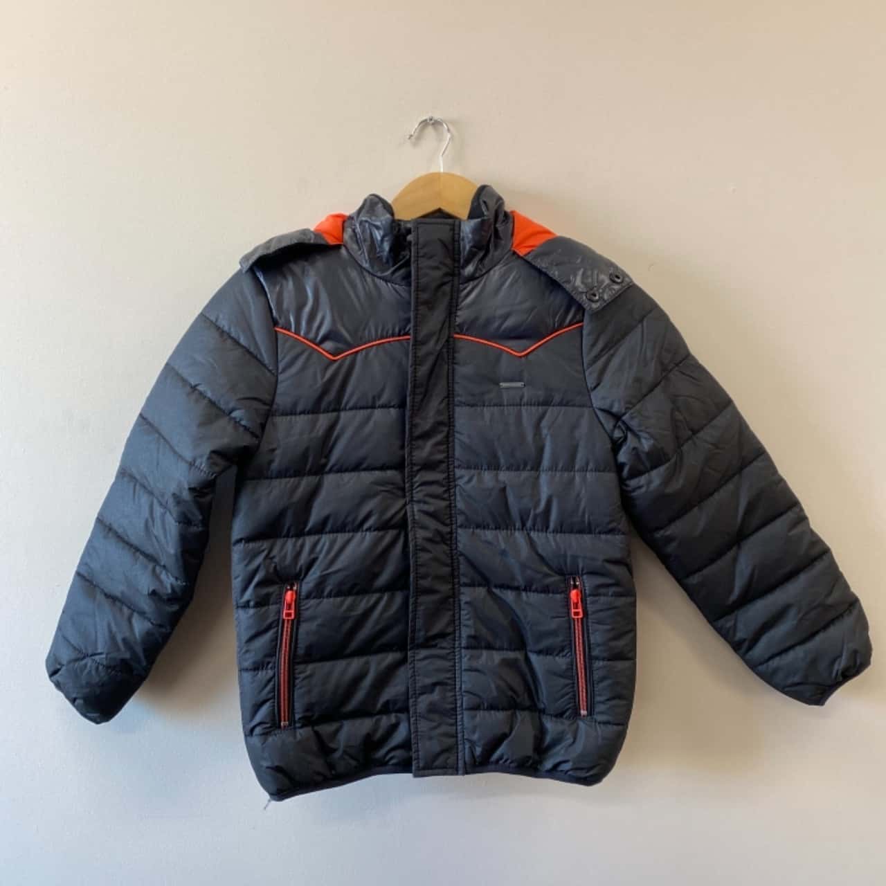 black puffer jacket orange inside