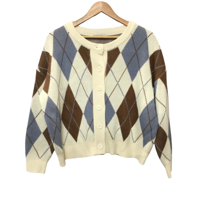 YELLOW Womens  Size M/L Cream, Blue & Brown Button-down Cardigan