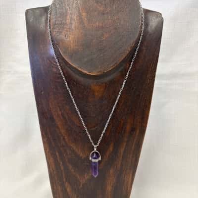  Women's Set of 3 Silver Tone Necklaces 1: Hexagonal purple amethyst pendant 2: Opalite hexagonal pendant 3: Rose Quartz hexagonal pendant 