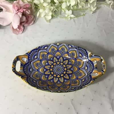 White / Blue / Yellow Mandala Pattern Oval Ceramic Dish with Handles