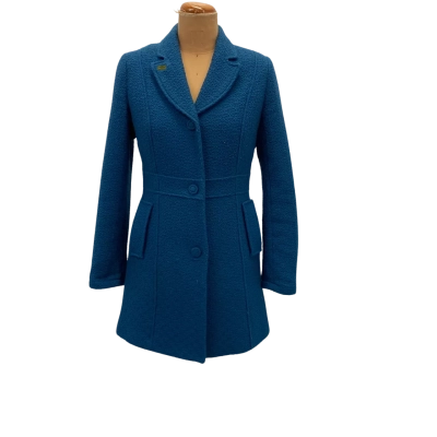  Womens Vintage Jacquard Wool Blend Tweed Coat Size 12 Teal 