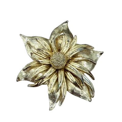 Large Gold Toned Metal Flower Brooch 