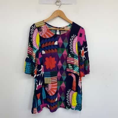Doops Designs Colourful Pattern Bell Sleeve Mini Dress  Size XS 