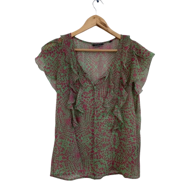 Basque Womens  Size 10 Short Sleeve Top / V-Neck Top Green / Pink  