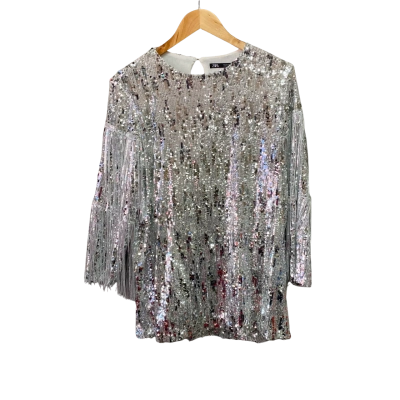 Zara Womens  Size S 3/4 Sequin Sleeve Top Silver 