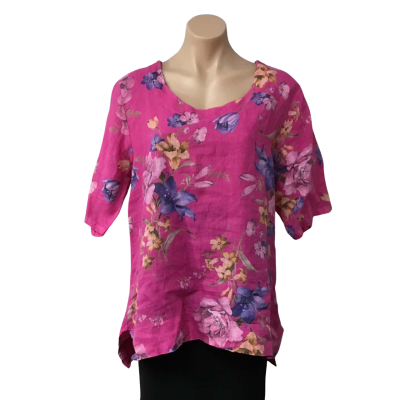 Womens approx Size M Pink / Multicoloured Floral Linen Short Sleeve Top 