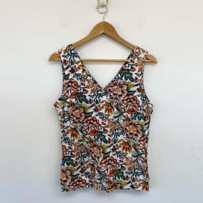 Katies White Floral Sleeveless Linen Blend Top Size 10 