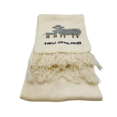 Womens New Zealand Sheep Tasseled Scarf One Size Black  / Cream / Grey 