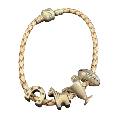 Pandora Leather Charm Bracelet with 4 sterling silver charms Cream / Silver 