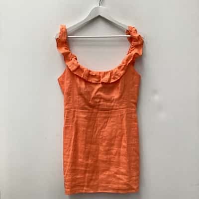NEW - AERE Linen Frill Mini Dress Orange Sorbet - Size 16