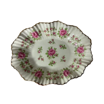 Vintage James Kent Ltd "Longton" Pink Roses Porcelain Oblong Fluted Edge Dish