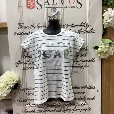 Country Road Brand! NWOT CONTEMPORARY LOGO SEQUENCE SLEEVELESS CASUAL SHIRT! Womens  Size 16 Sleeveless Top Pattern / Striped / White 