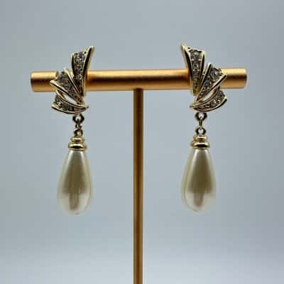 Golden Tone Faux Pearl & Clear Stone Drop Earrings.