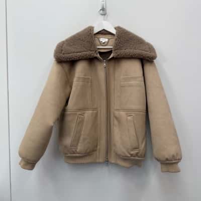 Song of Style - Faux Suede Bomber Jacket with Faux Fur Lining - Size L 