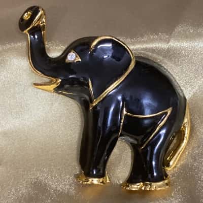 Vintage Black Enamel Elephant Brooch 