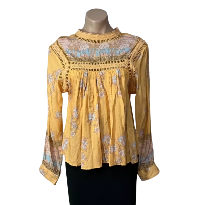 Jaase Womens Size XS Mustard Yellow Bird / Floral Pattern Long Sleeve Boho Top 