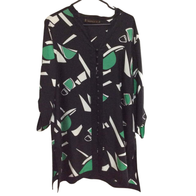 Maggie T Womens  Size 14 Long Sleeve Dress Black  / Green / Pattern / White 