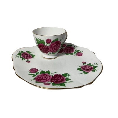 Vintage Royal Vale Pink Roses Bone China Scalloped Edge Tennis Plate & Teacup 