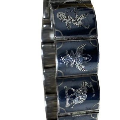 Vintage Siam Sterling Silver Black Niello Enamel Thai Dancer Panel Link Bracelet