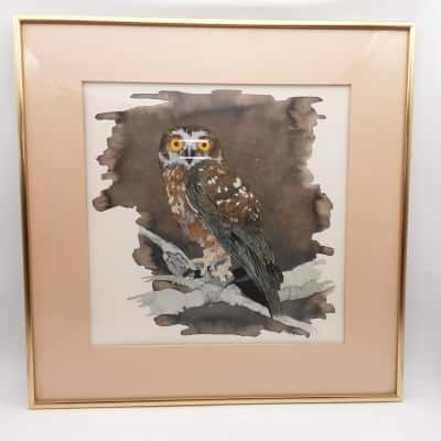 Vintage Owl Watercolour Painting By D. Causby
