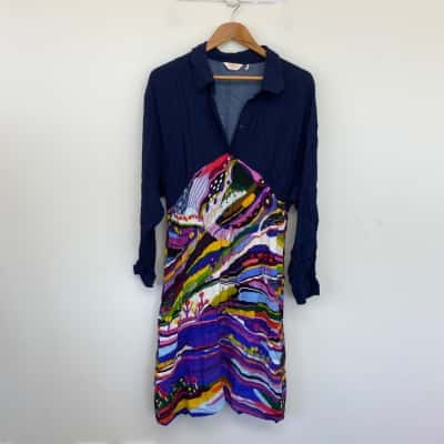 Gorman Navy Blue Colourful Pattern Long Sleeve Button Up Shirt Dress  Size 12 