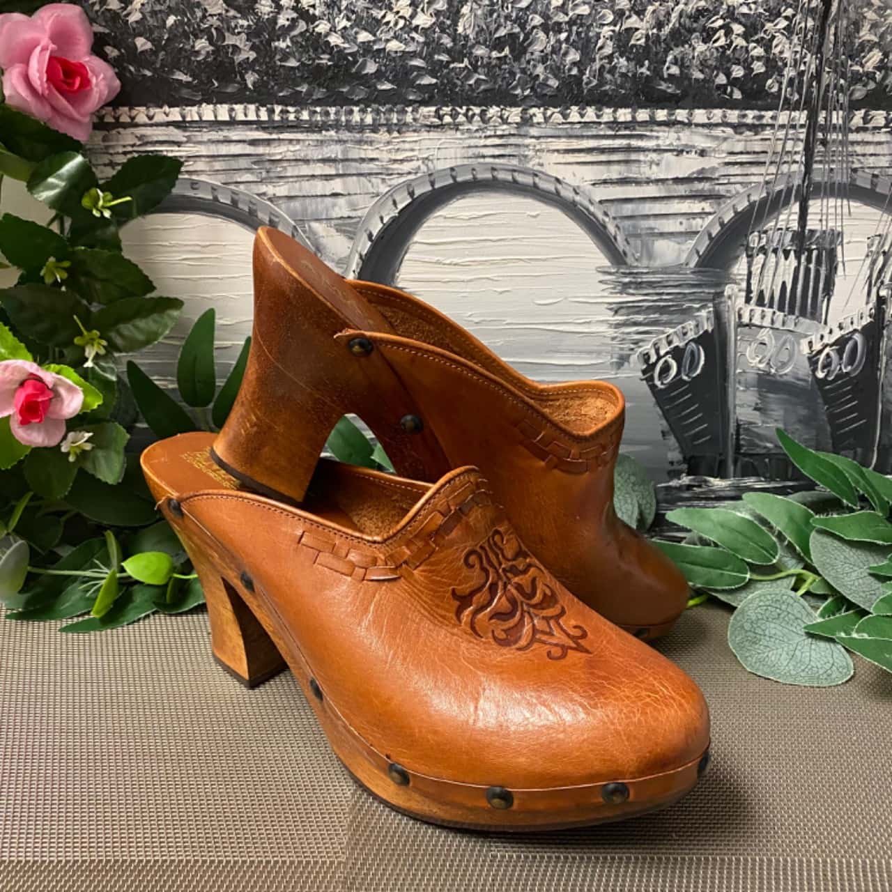 Womens Size 9B wooden and leather clogs(s) - Used As New | Salvos Stores