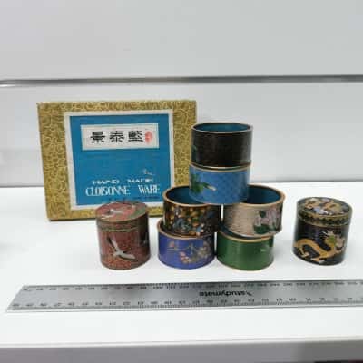 Vintage Chinese Cloisonne Enamel Napkin Rings Boxed Set - Art 9201 Multi Pattern Dragon Crane
